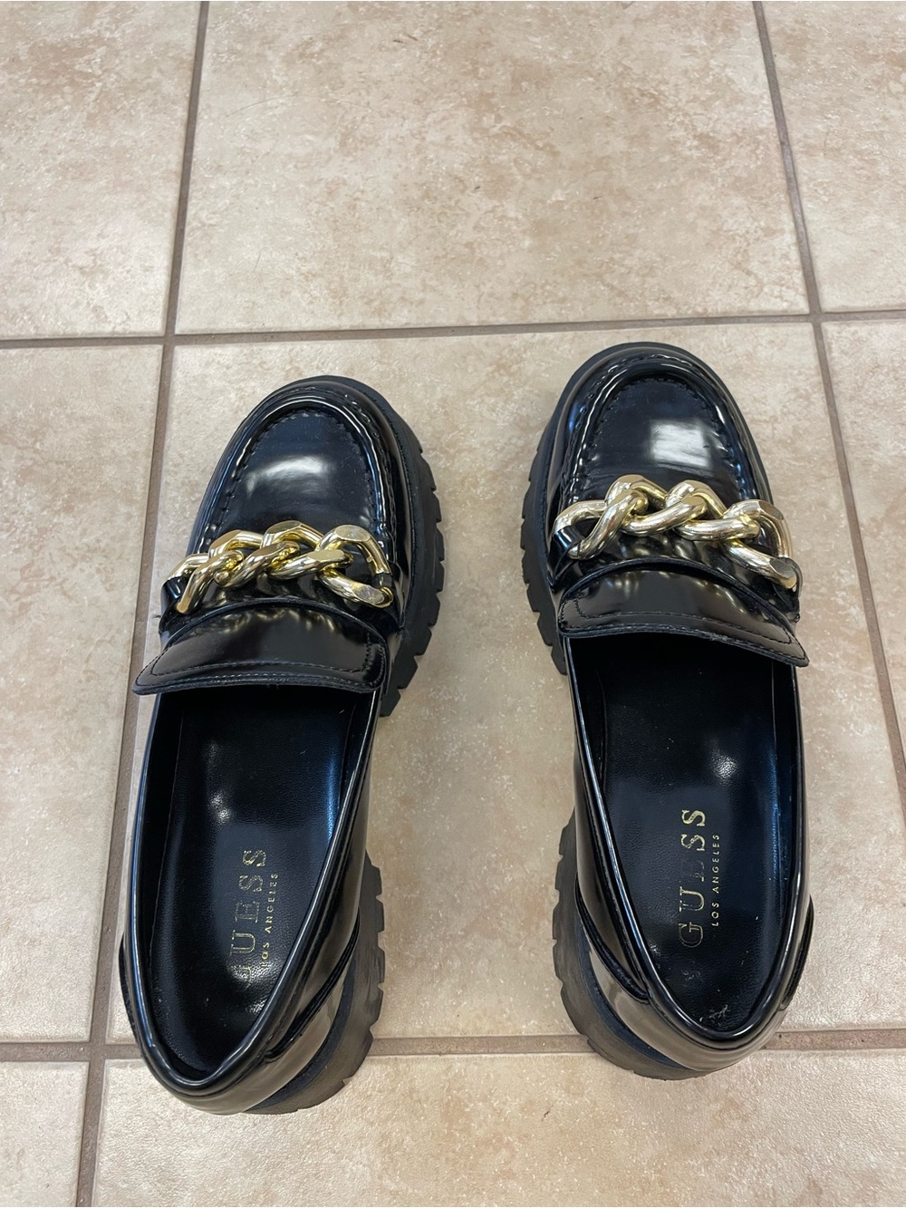 GUESS Black Patent Loafers with Gold Chain Accent